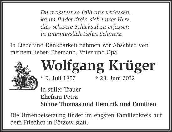 Traueranzeige von Wolfgang Krüger von Märkische Oderzeitung