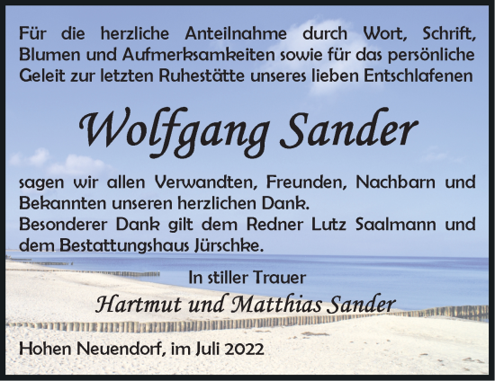 Traueranzeige von Wolfgang Sander von Märkische Oderzeitung