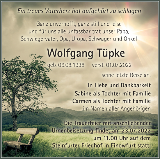 Traueranzeige von Wolfgang Tüpke von Märkische Oderzeitung