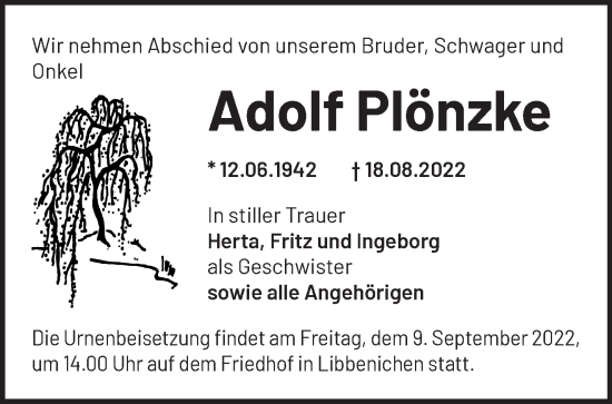 Traueranzeige von Adolf Plönzke von Märkische Oderzeitung