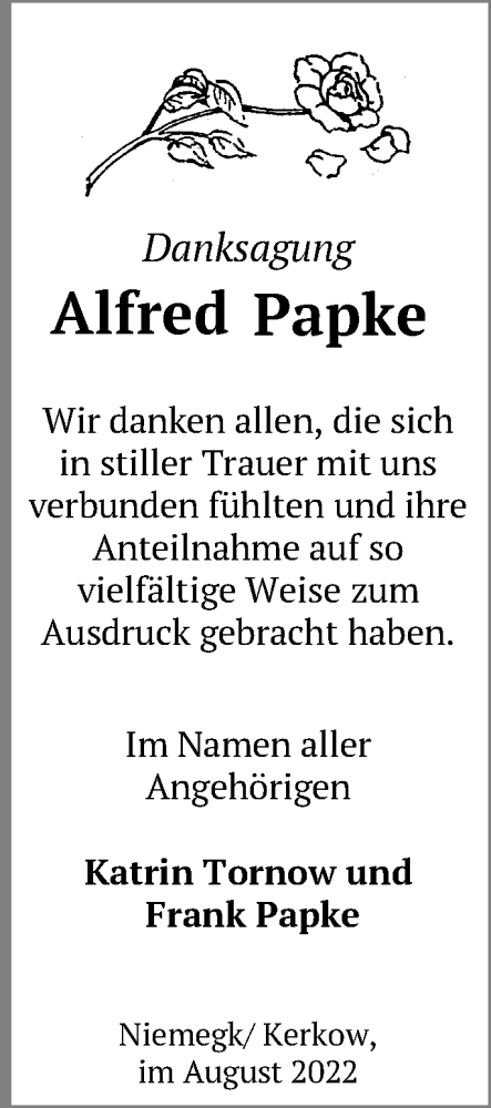 Traueranzeige von Alfred Papke von Märkische Oderzeitung