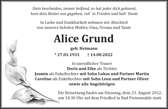 Anzeige Alice Grund