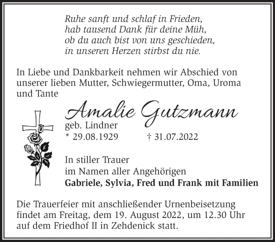 Traueranzeige von Amalie Gutzmann von Märkische Oderzeitung