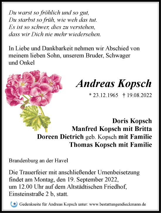 Traueranzeige von Andreas Kopsch von Märkische Oderzeitung