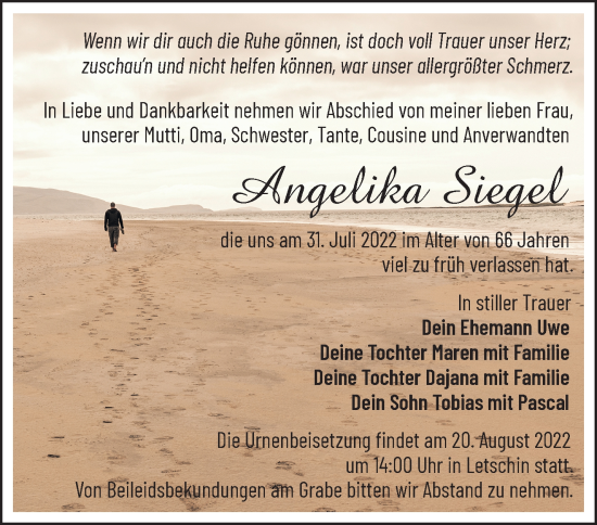 Traueranzeige von Angelika Siegel von Märkische Oderzeitung