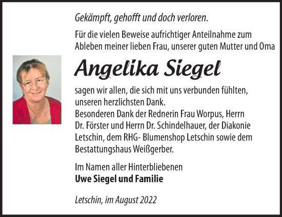 Traueranzeige von Angelika Siegel von Märkische Oderzeitung