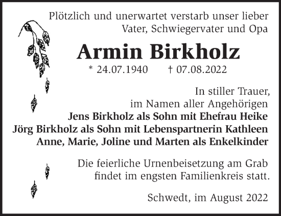 Traueranzeige von Armin Birkholz von Märkische Oderzeitung