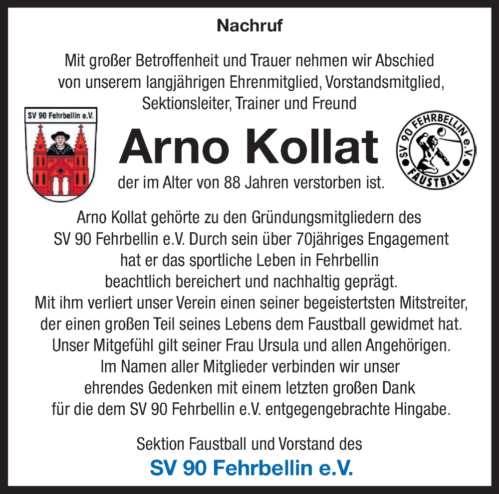  Traueranzeige für Arno Kollat vom 06.08.2022 aus Märkische Oderzeitung