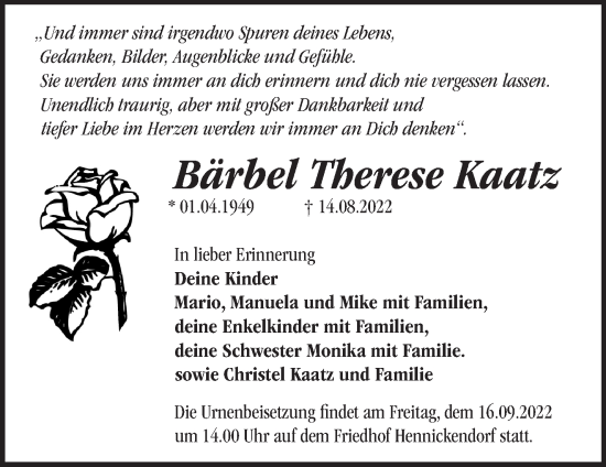 Traueranzeige von Bärbel Therese Kaatz von Märkische Oderzeitung