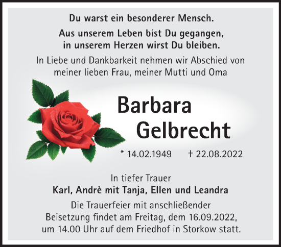 Traueranzeige von Barbara Gelbrecht von Märkische Oderzeitung