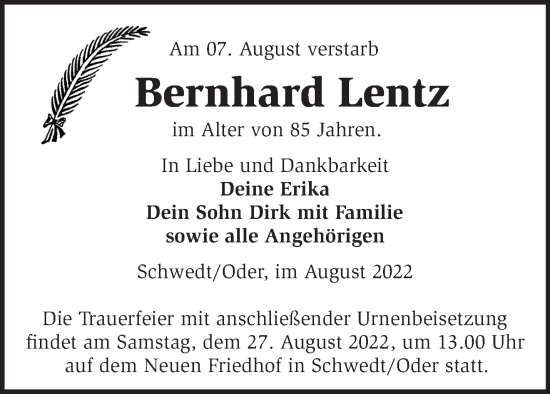 Traueranzeige von Bernhard Lentz von Märkische Oderzeitung