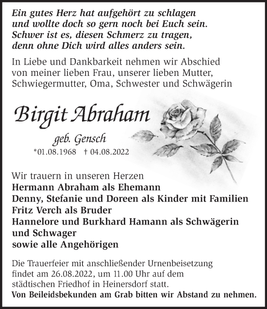 Traueranzeige von Birgit Abraham von Märkische Oderzeitung