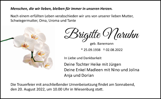 Traueranzeige von Brigitte Naruhn von Märkische Oderzeitung