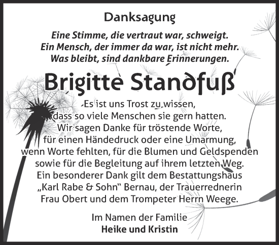 Traueranzeige von Brigitte Standfuß von Märkische Oderzeitung