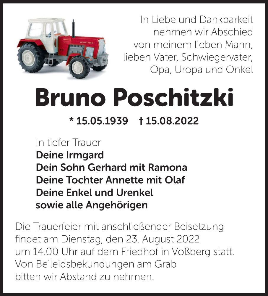  Traueranzeige für Bruno Poschitzki vom 18.08.2022 aus Märkische Oderzeitung