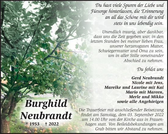 Traueranzeige von Burghild Neubrandt von Märkische Oderzeitung