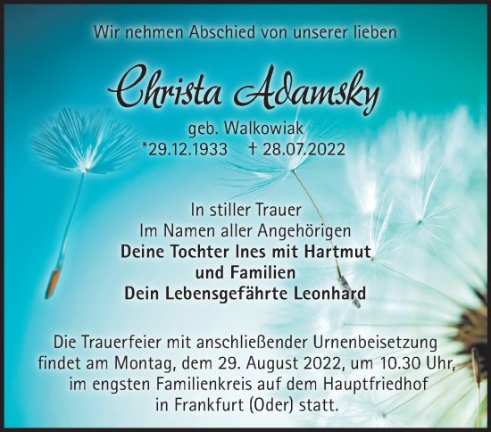 Traueranzeige von Christa Adamsky von Märkische Oderzeitung