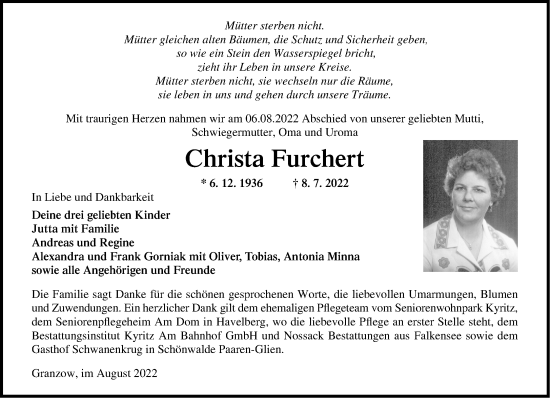 Traueranzeigen Von Christa Furchert Märkische Onlinezeitung Trauerportal 