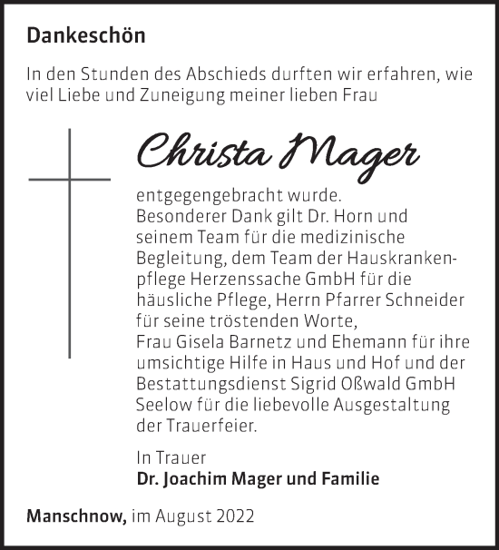 Traueranzeige von Christa Mager von Märkische Oderzeitung