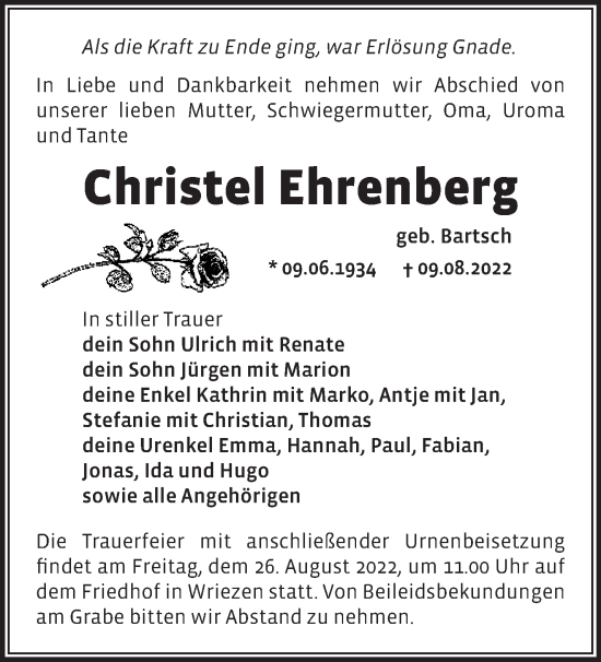 Traueranzeige von Christel Ehrenberg von Märkische Oderzeitung