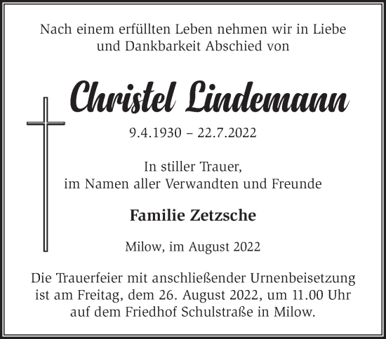 Traueranzeige von Christel Lindemann von Märkische Oderzeitung