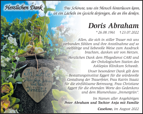 Traueranzeige von Doris Abraham von Märkische Oderzeitung