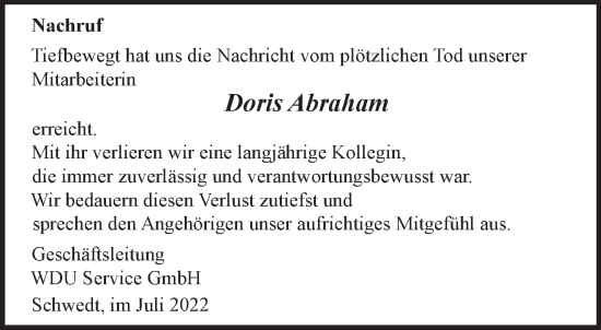 Traueranzeige von Doris Abraham von Märkische Oderzeitung