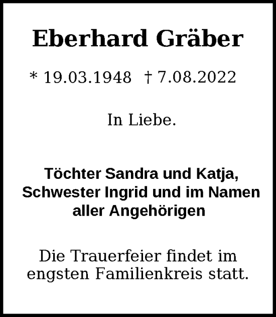 Traueranzeige von Eberhard Gräber von Märkische Oderzeitung