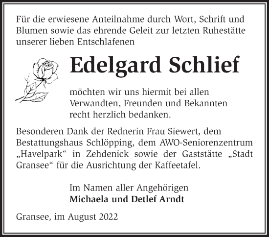 Traueranzeige von Edelgard Schlief von Märkische Oderzeitung