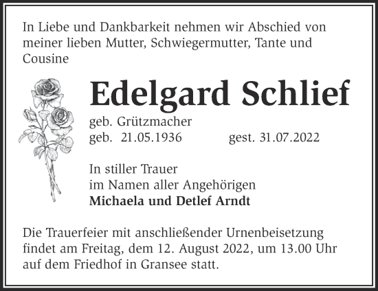 Traueranzeige von Edelgard Schlief von Märkische Oderzeitung