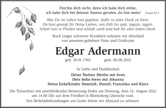 Traueranzeige von Edgar Adermann von Märkische Oderzeitung