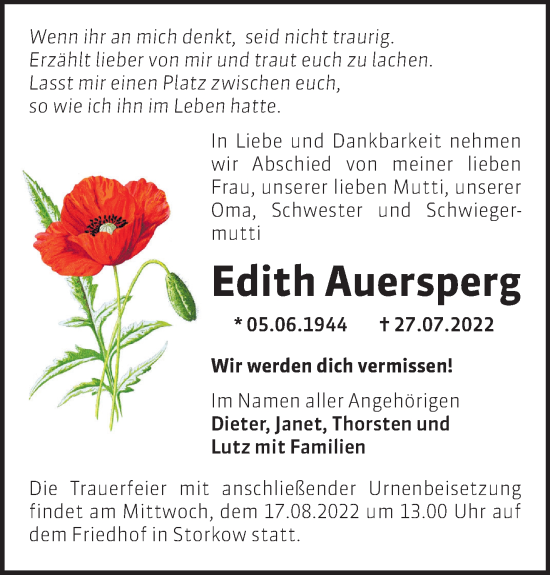 Traueranzeige von Edith Auersperg von Märkische Oderzeitung