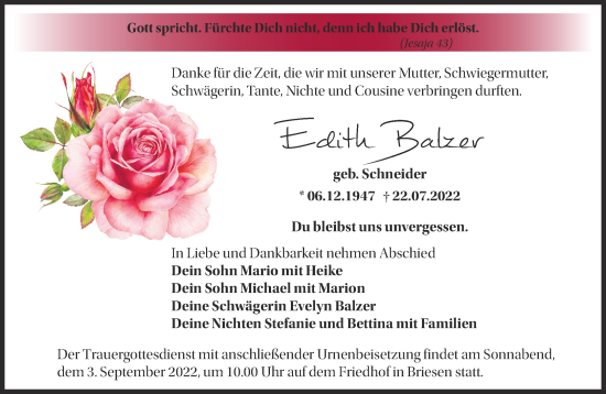 Traueranzeige von Edith Balzer von Märkische Oderzeitung