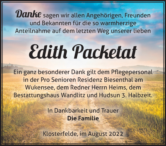 Traueranzeige von Edith Packetat von Märkische Oderzeitung