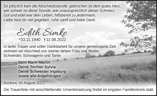 Traueranzeige von Edith Simke von Märkische Oderzeitung