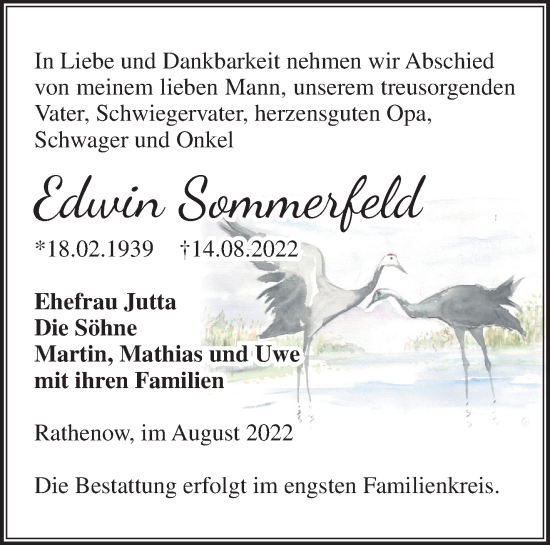 Traueranzeige von Edwin Sommerfeld von Märkische Oderzeitung