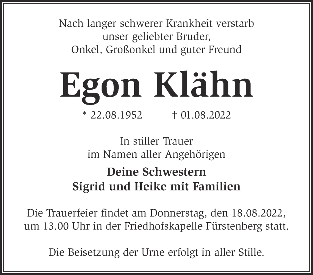  Traueranzeige für Egon Klähn vom 06.08.2022 aus Märkische Oderzeitung