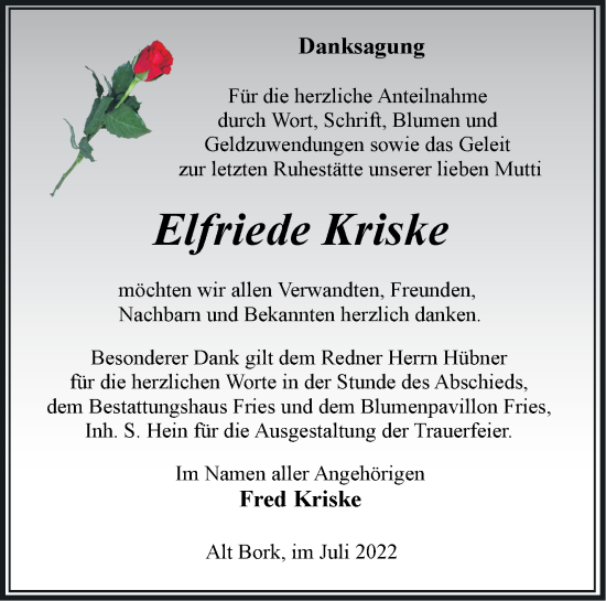 Traueranzeige von Elfriede Kriske von Märkische Oderzeitung