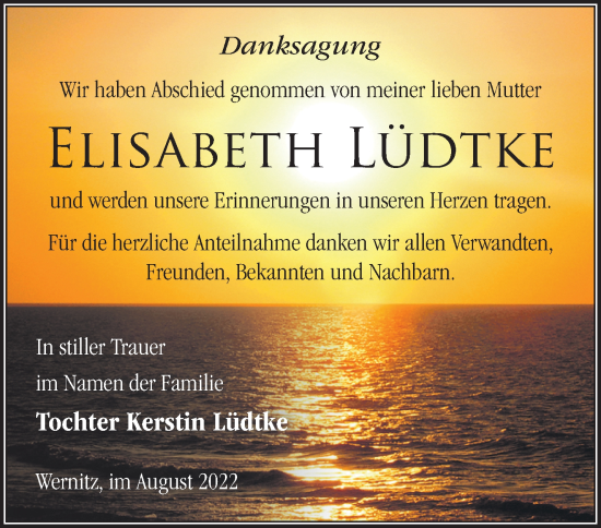 Traueranzeige von Elisabeth Lüdtke von Märkische Oderzeitung