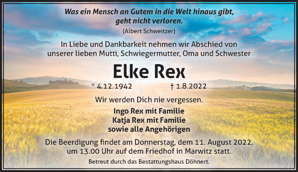  Traueranzeige für Elke Rex vom 06.08.2022 aus Märkische Oderzeitung