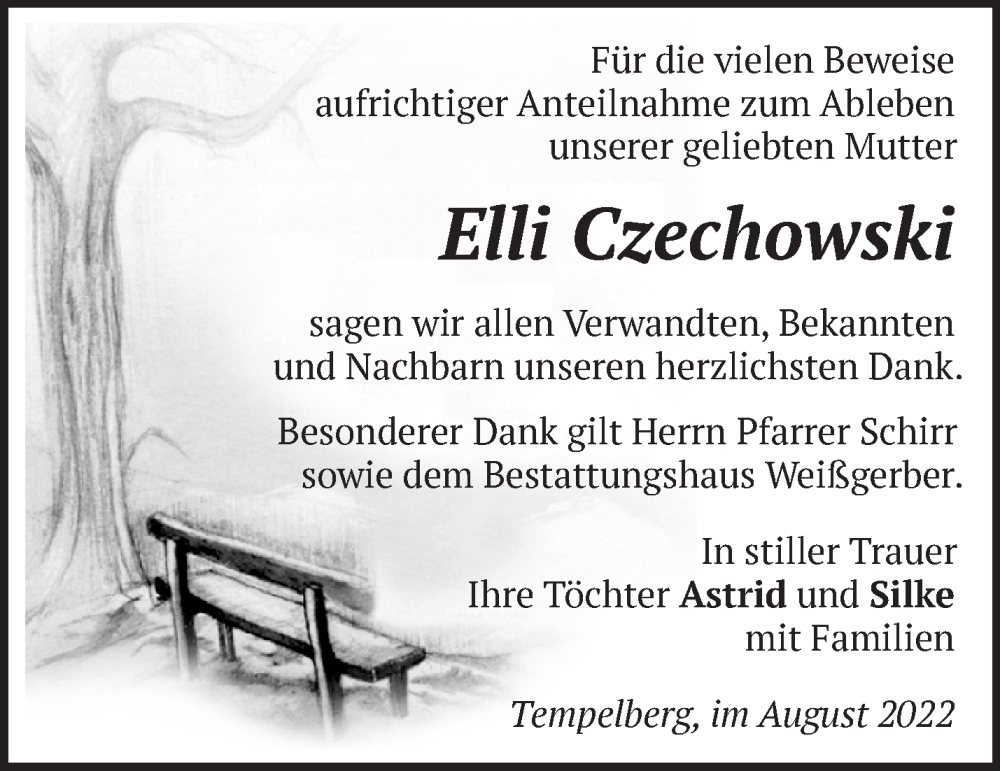  Traueranzeige für Elli Czechowski vom 14.08.2022 aus Märkische Oderzeitung
