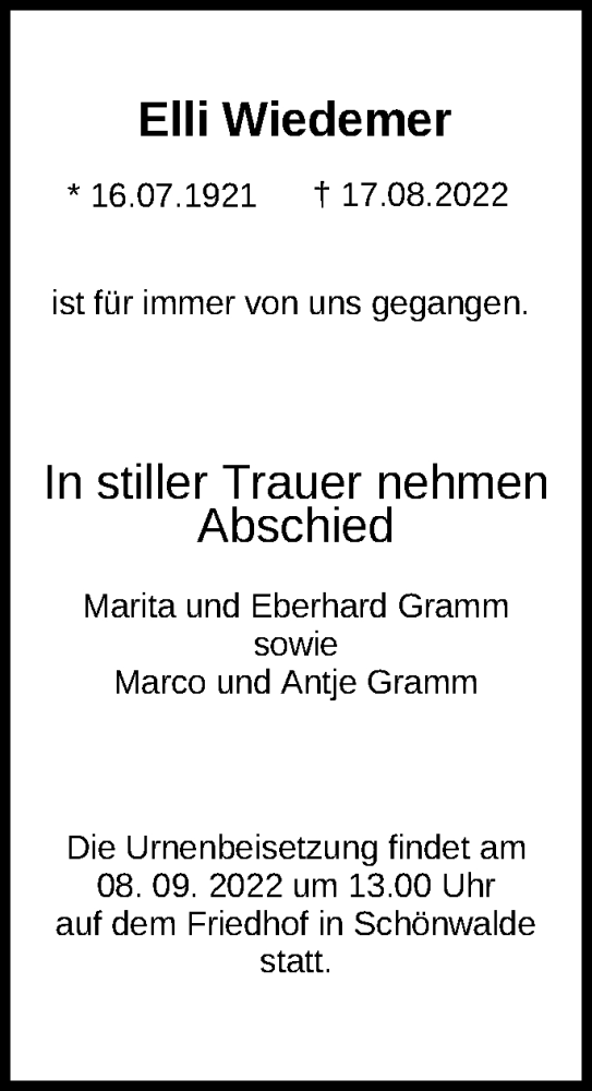 Traueranzeige von Elli Wiedemer von Märkische Oderzeitung