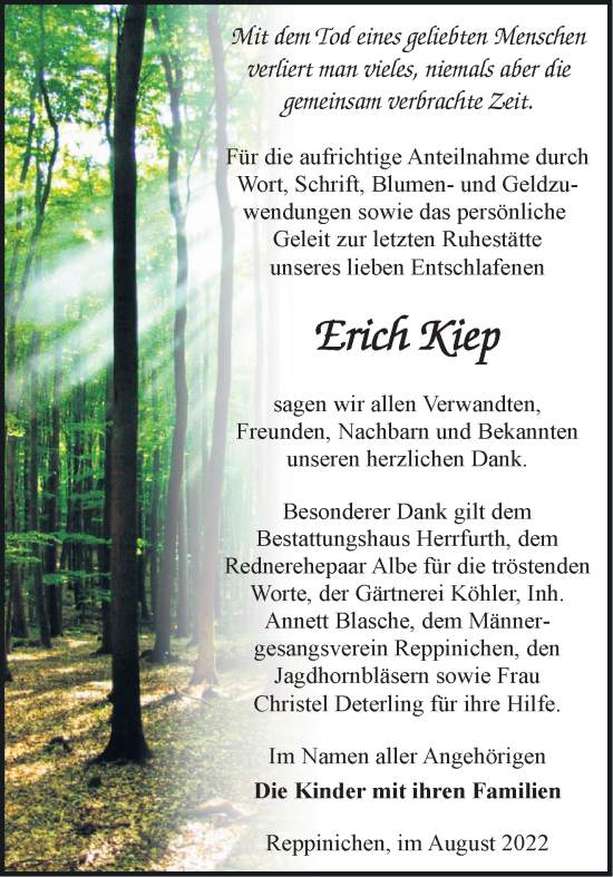 Traueranzeige von Erich Kiep von Märkische Oderzeitung