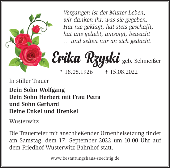 Traueranzeige von Erika Rzyski von Märkische Oderzeitung