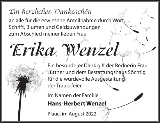 Traueranzeige von Erika Wenzel von Märkische Oderzeitung