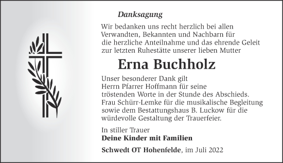 Traueranzeige von Erna Buchholz von Märkische Oderzeitung