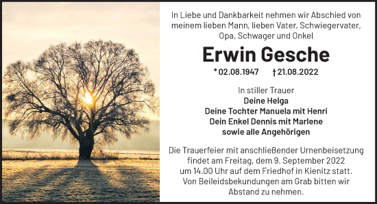 Traueranzeige von Erwin Gesche von Märkische Oderzeitung