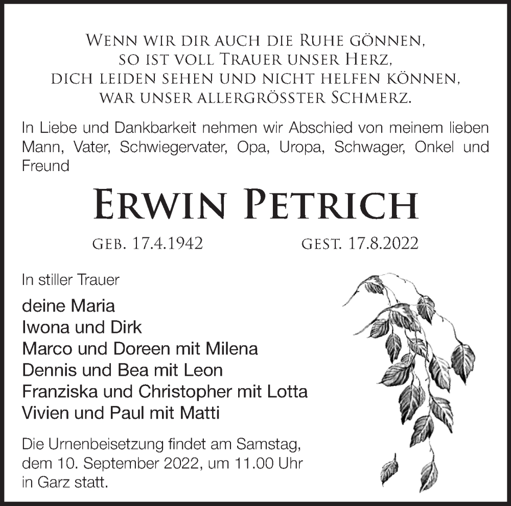  Traueranzeige für Erwin Petrich vom 27.08.2022 aus Märkische Oderzeitung