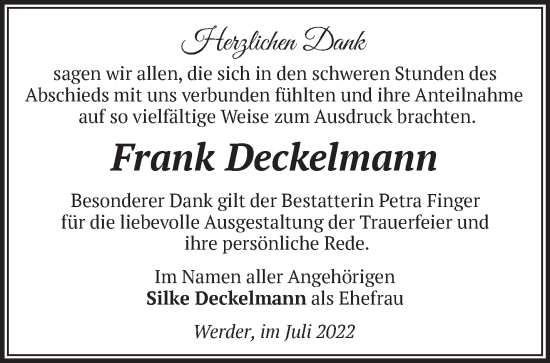 Traueranzeige von Frank Deckelmann von Märkische Oderzeitung