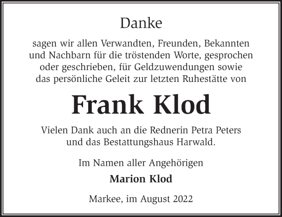 Traueranzeige von Frank Klod von Märkische Oderzeitung